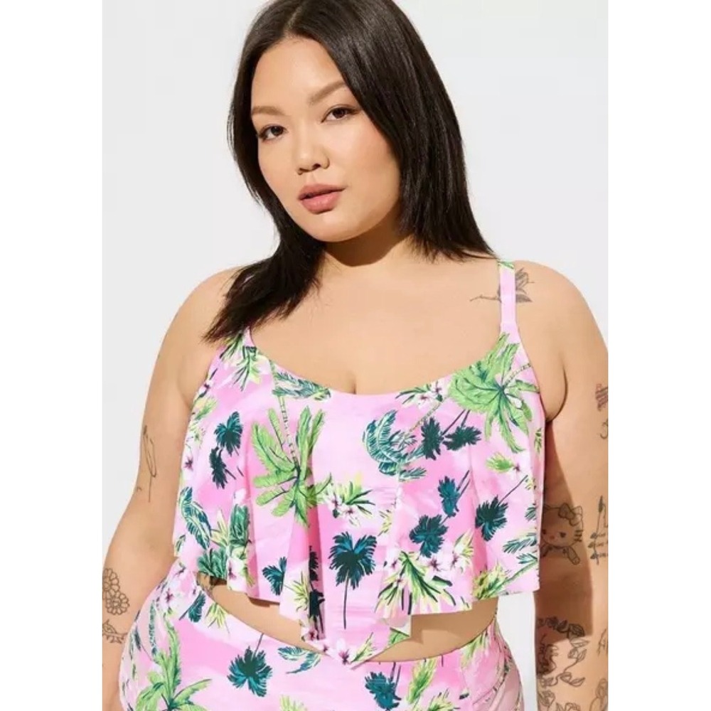 Torrid 2 Tropical Palm Floral Flounce Bikini Top Plus Size 2x 18 20 Wireless NWT